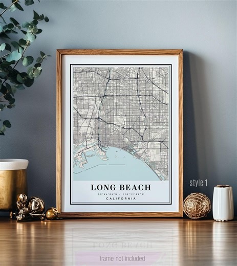 Long Beach CA California Map Wall Art City Poster Print Decor - Etsy