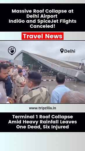Delhi airport accident ⚠️ 🚨 Heavy rain and thunderstorms hit Delhi-NCR on Friday morning, causing waterlogging in many areas. Tragically, a roof collapse at Delhi airport's Terminal 1 led to one death and eight injuries, with several cars damaged. The incident happened around 5:30 am, prompting a quick response from Delhi Fire Services. The IMD forecasts cloudy skies with varying rainfall for the next week. 🚨 Due to the roof collapse at Terminal 1, flight operations have been suspended, with f