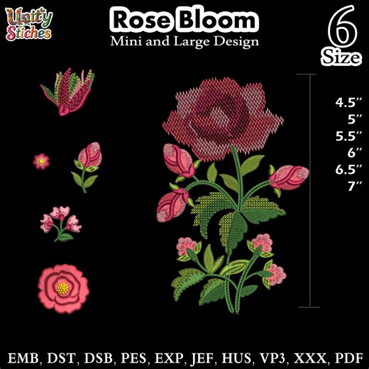 Rose Machine Embroidery Design, Min to Large Floral Embroidery Pattern, Digital Download for PES DST JEF, Vintage Aesthetic Floral Design, - Etsy UK