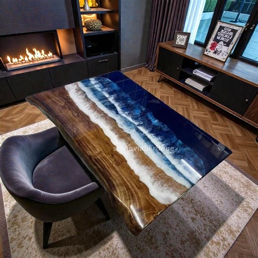 Ocean Beach Epoxy Dining Table | Blue Resin Art Table | Luxury Home Interior Decor | Handmade Wood Epoxy Table | Dine Coffee Table - Etsy