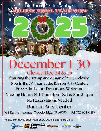 1.4K views · 33 reactions | 'Tis The Season! The Barron Arts Center Holiday Model Train Show 2025 A running layout of Lionel 027 Gauge Model Trains from the collection of Michael Gelesky. Dec 1-30, 2025 (Closed Dec 24 & 25) Exhibit Hours: M-F 11am-4pm; Sat & Sun 2-4pm Free Admission, Donations Welcome. No Reservations Needed | Barron Arts Center | Facebook