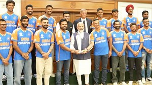 1.8K views · 28 reactions | The Indian cricket team met Prime Minister Narendra Modi at 7 Lok Kalyan Marg in New Delhi upon arrival in the capital from winning the T20 World Cup. Members of the Indian cricket team posed alongside PM Modi at his residence with the T20 World Cup trophy in hands. The team wore jerseys which said “Champions” on them. | Firstpost | Facebook