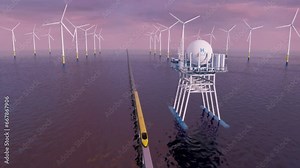 Future. A high-speed maglev train raced along wind farms and hydrogen factories. 3d rendering.