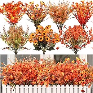 18 Bundles Artificial Fall Flowers for Outdoor Decor - UV Resistant Fake Mums Daisy & Faux Eucalyptus Plants for Indoor，Outdoor Autumn Decorations, Porch, Garden, Fireplace, Thanksgiving Window Box