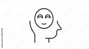 Optimism line animation. Head and smiling emoji animated icon. Positive attitude to life. Happy mindset. Black illustration on white background. HD video with alpha channel. Motion graphic