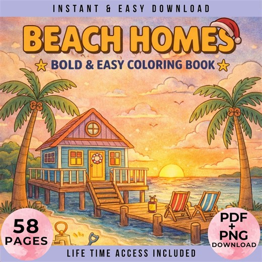 Beach Homes Coloring Book | 58 Bold & Easy Pages | Kawaii Activity Book | Adults Coloring | Kids | Printable PDF   PNG | Colouring Book - Etsy