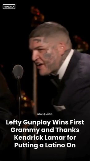 REMEZCLA on Instagram: "“For all the latino kids in the hood watching, anything it’s possible.” 🗣️👏 Guatemalan-Mexican-American rapper @leftygunplay encouraged the Latino community and thanked @kendricklamar for putting him on “TV Off” during his acceptance speech for his first Grammy win for Best Rap Song."