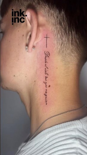 Neck Script Tattoo With Cross | Fine Line Lettering #necktattoo #letteringtattoo