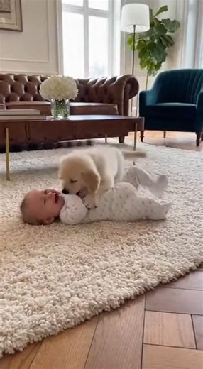 😂 Baby & Puppy Rolling Together… Cutest Thing Ever