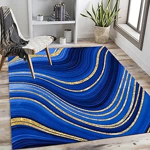 Marble Stripe Gradient Modern Abstract Washable Royal Blue Gold Area Rug 5x7 Non Shedding Wool Soft Unique Aesthetic Rug for Bedroom Diningroom Lux Art Deco Office Dorm Indoor Floor Carpet