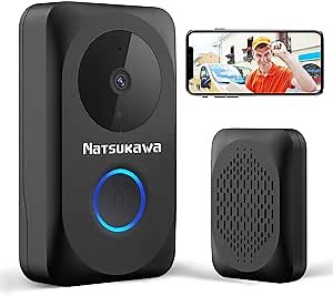 NATSUKAWA Doorbell Camera Wireless - Smart WiFi Video Doorbell with Chime- App Alerts, IP65, Night Vision, 2 Way Audio Door Bell kits, Powered Smart Security Camera Video Wireless Doorbell for Home