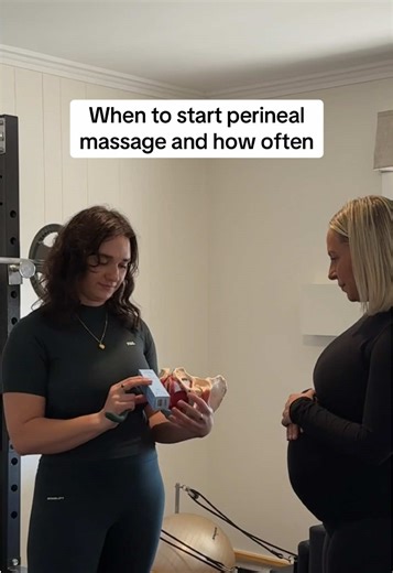 When to start perineal massage and how often to do it! I usually recommend starting from around 34 weeks of pregnancy! That’s when the tissues are preparing for birth and can start adapting to stretch. It’s most beneficial to be doing it everyday, but at least 2x weekly to have any effect. For most people, 3–5 times per week is achievable. It will feel a little painful, with some stinging and burning with firm pressure if you’re doing it right, while breathing, and allowing the pelvic floor to r