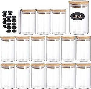 Glass Jars With Bamboo Lids Set, Glass Jars With Wood Lids 8 oz, Large Spice Jars, Glass Storage Containers For Pantry, Cookie, And Coffee SET OF 16
