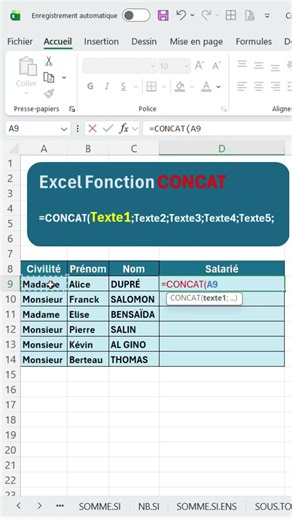 EXCEL FONCTION CONCAT #CONCAT