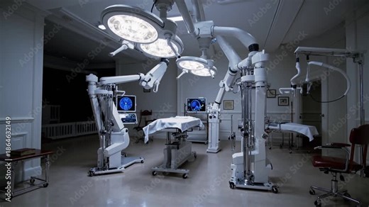 surgical robot in sterile operating theater with articulated robotic arms over empty patient table, bright LED surgical lights illuminating reflective floor, monitoring consoles displaying vitals,