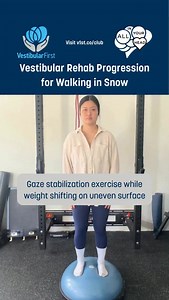 ❄️ Dizzy or unsteady when walking in winter? Here are some vestibular rehab ideas to build confidence for navigating snowy, slippery surfaces. 📝 Don’t forget: individualized vestibular rehab is best — Work with a vestibular specialist to tailor the exercises to you! ⏰ Start with short durations (10s) and try not to let symptoms increase by more than 2 units from baseline. Gaze Stabilization on Unstable Surfaces 👁️⚡️ Gaze stabilization on a BOSU ball or foam pad challenges the vestibular system