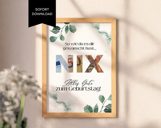 Geldgeschenk "NIX", PDF Vorlage zum Ausdrucken, Geburtstagsgeschenk, Geschenkidee - Etsy.de