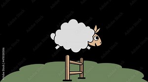 Funny lamb jump over fence on lawn for insomnia. Looped video of a drawing sheep jumping over a fence on a lawn helping a child to sleep. The video has a transparent background (alpha channel). Stock Video