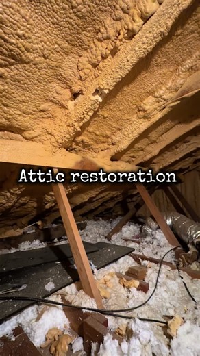 This attic had an uneven and improperly applied spray foam installation in the past. We removed the blown-in insulation and restored it with properly installed spray foam. #sprayfoam #energyefficiency #attic #homeowner #insulation