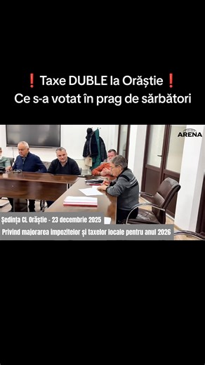 În data de 23 decembrie, în cadrul ședinței de Consiliu Local, a fost aprobat proiectul de hotărâre privind nivelul taxelor și impozitelor pentru anul viitor. Din păcate, vestea nu este una bună pentru portofelele noastre: s-au aprobat majorări semnificative, care în anumite cazuri ajung până la 108%. Urmăriți în clipul nostru video momentele cheie din cadrul dezbaterilor și modul în care s-a votat această decizie care ne va afecta pe toți începând cu 1 ianuarie. #arenaorastie #consiliullocal #c
