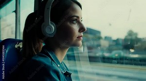 Young adult person enjoy bus ride, listening to music on headphones. Girl look at tram window. Urban transport. Long journey. Road trip to work, home. Thoughtful woman relax. Daily routine. City life.
