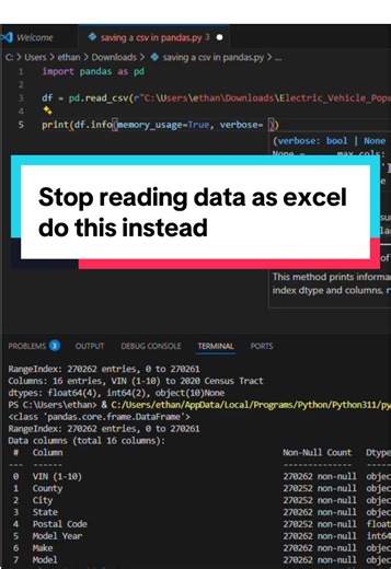 Quick Pandas tip 📊 Learn how .info() helps you understand your dataset, why data types matter, and how passing variables changes your analysis. This is a must-know skill for data analysts and Python beginners. Clean data = better results. 📌 Full docs linked here-> https://pandas.pydata.org/pandas-docs/stable/reference/api/pandas.DataFrame.info.html Hashtags: #Python #Pandas #DataAnalytics #DataScience #PythonTips