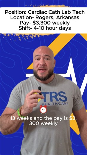 TRS Healthcare on Instagram: "We’re currently looking for an experienced Cath Lab Tech for a 13-week travel assignment in Rogers, Arkansas. If you know a Cath Lab tech, you can send them as a referral and you get $1000 if they take a contract! Assignment Details: • Location: Rogers, AR • Duration: 13 weeks • Schedule: 4 × 10-hour day shifts • Pay: $3,300 weekly Requirements: • Minimum 2 years of IR / Cath Lab Tech experience If this sounds like a good fit or you’d like more details, reach out di