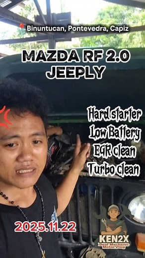 Jeepney / Mazda RF 2.0 diesel engine with❗ low battery, weak brakes, turbo/EGR dirty, and hard starting❗ ✅ 1. LOW BATTERY Symptoms: hard starting, slow crank, clicking sound. ✔ What to check: Battery voltage: Good: 12.5–12.8V Weak: 11.5–12.0V Check alternator charging: Engine running should be 13.5–14.2V Clean battery terminals (remove corrosion). Check grounds: engine and chassis grounding wire must be tight. ✔ Possible fix: Charge the battery 2–4 hours. Replace if old (2–3 years). Check altern