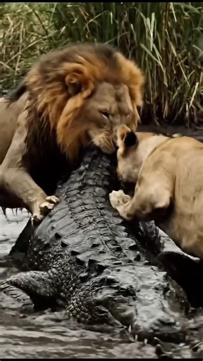 Water War: Lion Takes on Crocodile!""Who Wins #SavageAnimals #WildlifeVideo #NatureFight #LionAttack