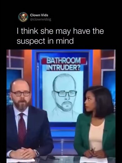 This video is a humorous clip focusing on a moment of potential on-air awkwardness during a news segment. The segment involves two anchors discussing an ongoing search for a man described as a “Bathroom Intruder,” with the accompanying chyron and backdrop displaying a police composite sketch of the suspect. The comedy arises from the striking resemblance between the composite sketch of the “Bathroom Intruder” and the male news anchor seated at the desk. The female anchor on the right is shown lo