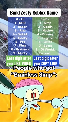 Nic on Instagram: "Thanks for watching ❤️ Build your zesty Roblox name and don’t lie 😭🎮 If you got “Brainless Simp” that’s actually crazy 💀 Sound: Lovely Sad – 24gh Meme: Build Zesty Roblox Name Clip: Squidward meme #roblox #robloxmemes #zesty #funny #fyp #shorts #zdak"