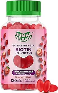 Human Beanz Biotin Jelly Bean Gummy Vitamins, Extra Strength Biotin for Hair, Skin and Nails, 5000mcg per Serving, Hair Growth Vitamins for Men and Women, 120 Strawberry Blast Jelly Beans, Kosher