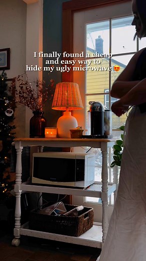 3.2K views · 69 reactions | Easy kitchen decor hack to hide an unsightly microwave. All you need is a tension rod and some cafe curtains! #kitchendesignideas #cozykitchen #cottagecoreaesthetic #kitchenhacks p | Romanticizing Rachel | Facebook