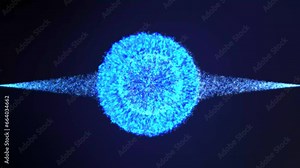 A glowing cosmic sphere appears from a stream of blue-colored particles in space. Quantum energy creates a planet. 4K video