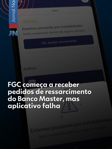 Banco Master - O aplicativo do Fundo Garantidor de Créditos passou praticamente o sábado (17) inteiro fora do ar. Investidores do Banco Master que tentavam pedir ressarcimento ao #FGC encontravam essa mensagem: estamos passando por instabilidades. De acordo com o fundo, o aplicativo registrou “um alto volume de acessos simultâneos afetando a disponibilidade aos usuários”. Apenas nas primeiras horas de funcionamento, foram mais de cento e quarenta mil acessos. Clique no artigo acima para acompanh