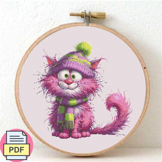 Cute Cat Cross Stitch Pattern PDF, Winter Kitten Embroidery Design, Colorful Animal Hoop Art, Nursery Decor Instant Download - Etsy