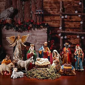 Soaoo 12 Pcs Nativity Sets for Christmas Indoor,7 Inch The Life Christmas Nativity Scene Figures Jesus,Stable,Palm Tree and Chests Tabletop Decor Gifts