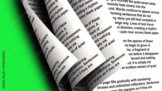 Page flip paper transition animation on green screen with turning book pages, realistic sheet flip reveal effect