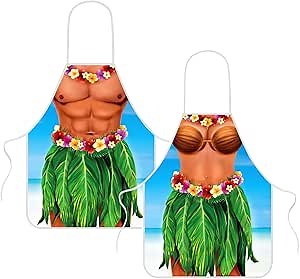 Hillban 2 Pack Funny Hawaiian Apron, Creative Cooking Holiday Bikini Apron with Adjustable Waist Ties for Men Women Party Cooking Baking BBQ