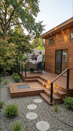 Cozy Backyard Deck Transformation | Built-In Fire Pit + String Lights Cinematic Reveal #backyard