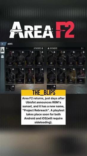 An unofficial Area F2 revival project is in development. A playtest begins soon (in a week or so, according to the dev) and will be available on both Android and iOS (sideloading required). #areaf2 #r6m #r6 #gamingnews #mobilegaming