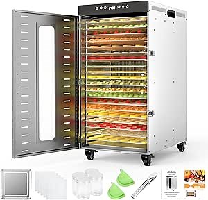 20-Tray Commercial Food Dehydrator Machine with Triple Fans, 24H Timer, 1600W Large Stainless Steel Dehydrators Dryer for Meat Jerky, Dog Treats, Fruits