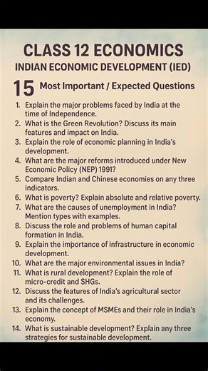 PANKAJ KAINTH CLASSES | 🔥 CLASS 12 ECONOMICS | IED 🔥 📚 15 MOST IMPORTANT / EXPECTED QUESTIONS If you’re appearing for CBSE Class 12 Board Exams, this post is a... | Instagram