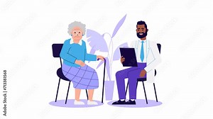 Elderly patient visiting doctor, character animation. Therapist working with senior person. Medical consultation, making diagnoses Geriatric counseling. Grandmother at hospital. Animated cartoon style