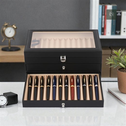 36-slot Pen Display Case | PU Leather, Glass Lid & Velvet Lining - Etsy
