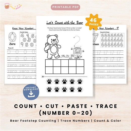 Counting Activities 1–20 PDF – Bear Footstep Counting, Trace Numbers, Count & Color | Digital Download - Etsy