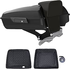 Motorcycle Razor Tour Pack For 2009+ Harley Touring - Denim Black, Black Detachable Mounting Rack, Backrest & Black Trunk Liners