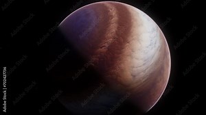 Giant alien gas planet in deep dark outer space. 3D animation and artistic concept of big Jupiter-like exoplanet. Space exploration and planetary science discovery of extrasolar cosmic phenomena.