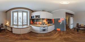 Download full seamless spherical hdri 360 panorama view in interior of small kitchen in modern flat apartments with furniture in equirectangular projection, VR content