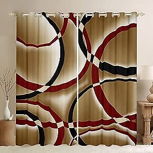 Circle Geometric Window Curtains,Red Brown Black Swirls Curtain,Abstract Stripes Window Drapes for Kid Teens Boys Young Man,Modern Bedroom Decorative,Retro Style Curtain, 38W*45L inch